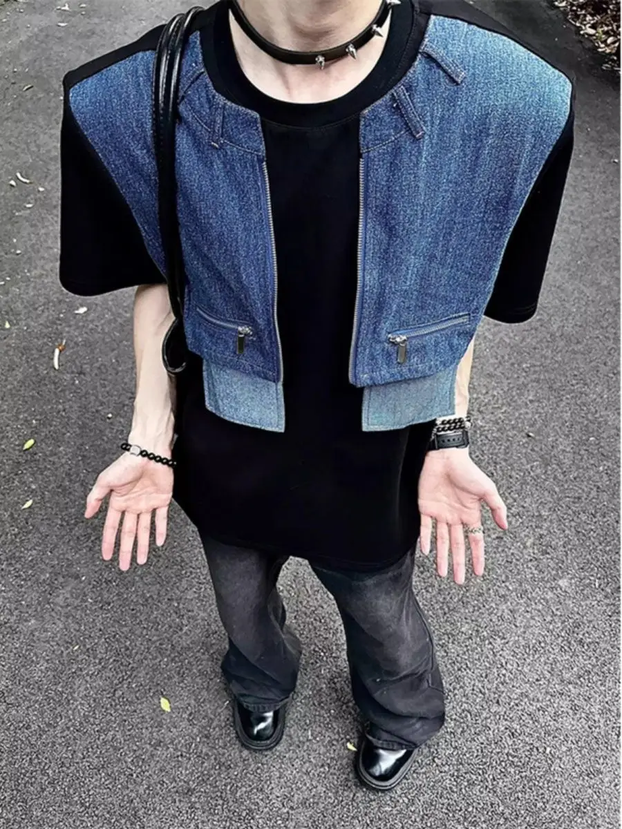 

Summer Denim Splicing Fake Two-piece Vest Shoulder Pads Short-sleeved Men's Design Half-sleeved T-shirt