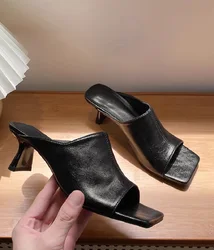 New 2025 Square Toe Slip On Shoes Soft Microfabric Ladies Abnormal Heel Sandals All Matched Open Toe Shoes Sexy Summer Shoes