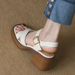 Summer Real Soft Leather Thick Heel Vintage Brown Sandals Women's Cross One Line Strap High Heel Mary Jane Sandals