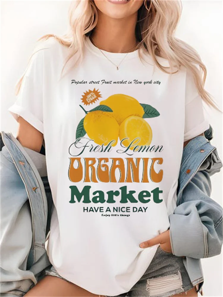 Musterdruck Urlaub Sommerdruck Damen Street Casual Weißes Top O-Ausschnitt T-Shirt Kurzarm Strand Vielseitiges Reise-T-Shirt