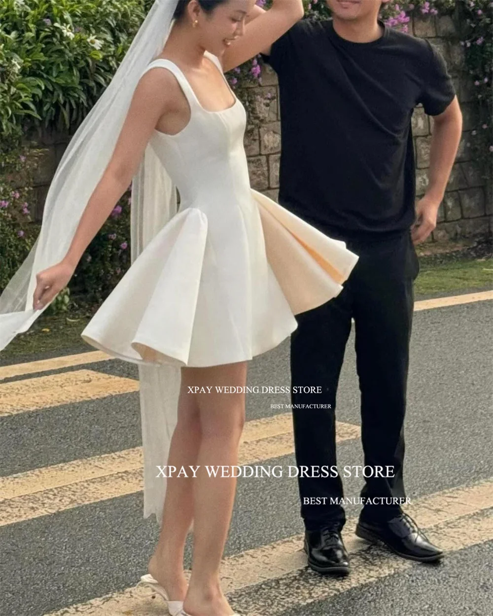 XPAY Elegant Square Neck Short Korea Wedding Dresses Draped Pleat Satin Backless Bridal Gown Photos Shoot Sleeveless Bride Dress