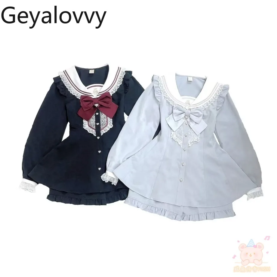

Костюм SC в японском стиле, осенний новый темно-синий топ с воротником и бантом, топ с длинными рукавами, милое платье Лолиты, комплект из двух предметов