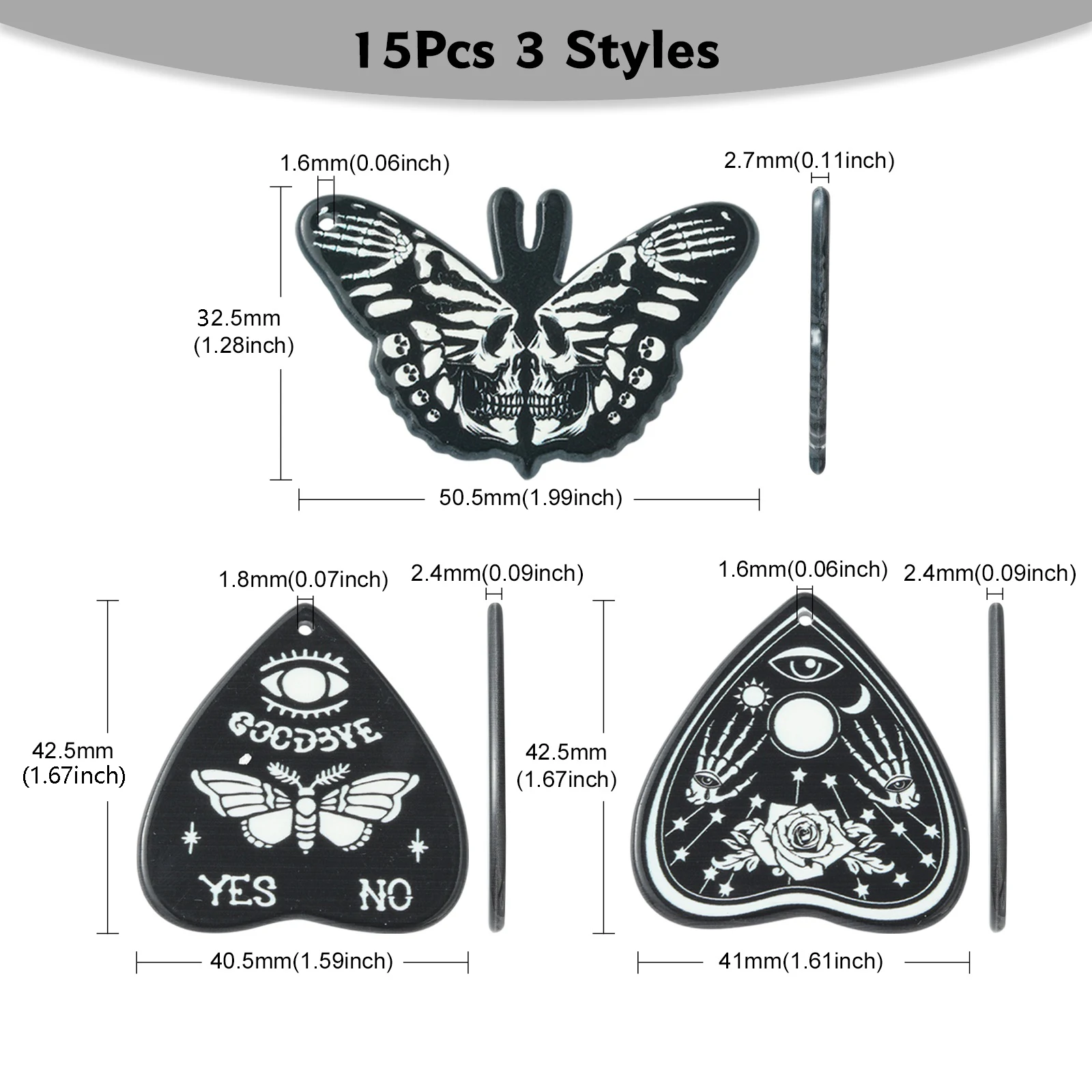 Pandahall 15Pcs 3 Styles Black Gothic Charms Acrylic Heart Butterfly Charms Skull Moon Sun Charms for Jewelry Making DIY Craft