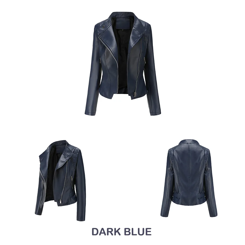 Slim Fit PU Leather Jacket for Women, Thin Long Sleeved Jacket, Short Coat, Spring and Autumn, Motorcycle Zipper Leather Jacket