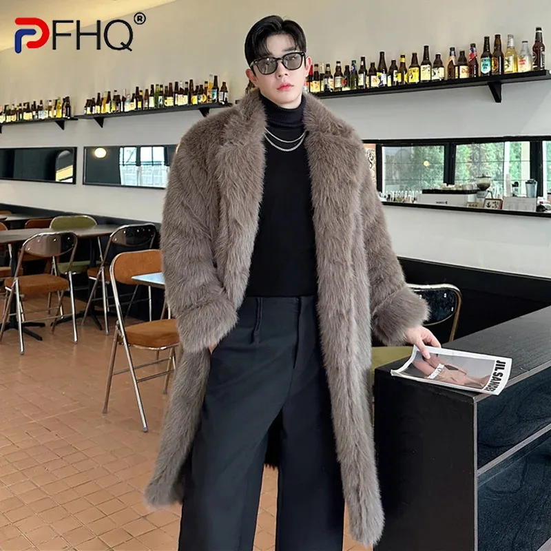 PFHQ Men's Faux Fur Overcoats Korean Style Turn-down Collar Solid Color Breasted Casual Male Thick Loose Male Windbreaker 9C8840