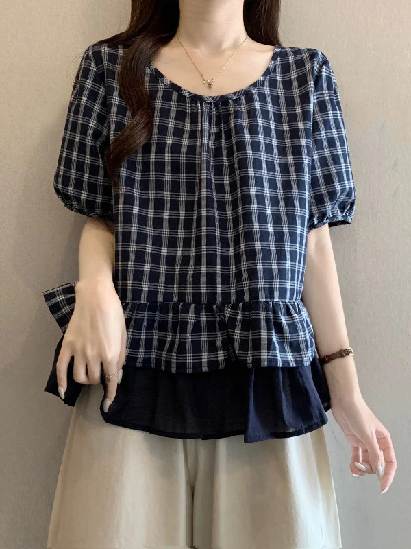 

Dark Blue Plaid Short Sleeve Shirt Women's Summer New plus Size Doll Top Fake Two-Piece Korean Style Loose Fit Commute Wind