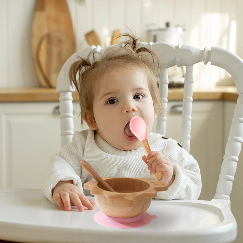 Ensemble de vaisselle en bois pour bébé, bol en bambou avec ventouse, manche en bois en silicone, fourchette et cuillère, fournitures d'alimentation pour enfants, 3 pièces