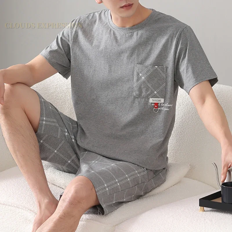 Summer Plus 7XL Knitted Pjs Short Sleeve Mens Pajama Sets Male Pajamas Plaid Loungewear For Masculine Sleepwear Homewear Fashion