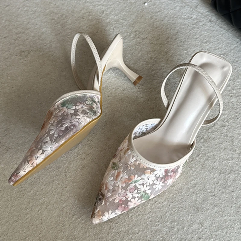 

Aneikeh Spring Sexy Pointed Toe Hollow Out Woman Slippers Sandals Stiletto Heels Retro Design Embroider Mesh Ladies Shoes