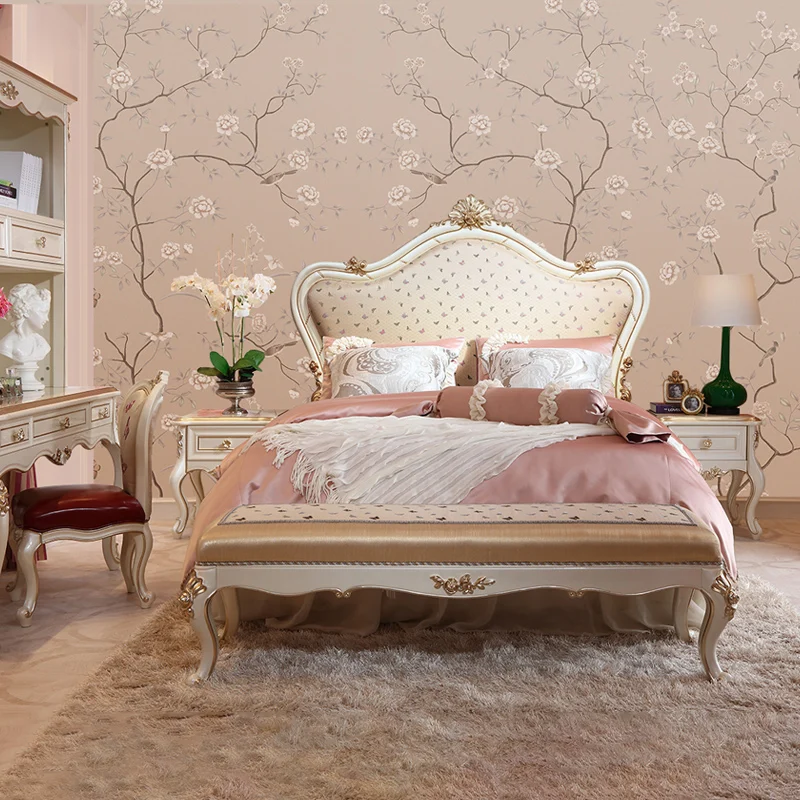 

!@New Aristocratic French Furniture Luxury Fabric Solid Wood Princess Bed Retro Carved Double European Wedding Bed