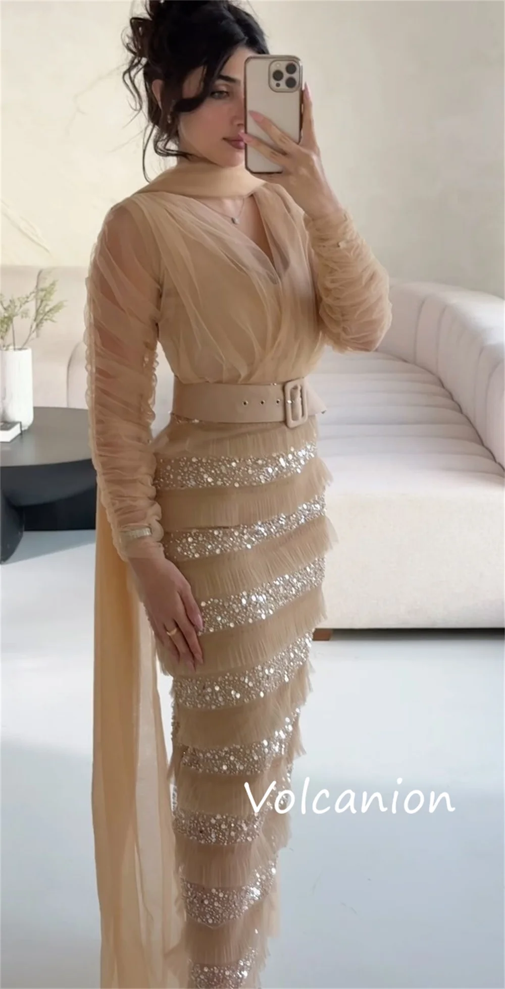 Customized Fashion Chiffon Sequined Sash Pleat A-line V-neck Midi Dresses Bespoke Occasion Chinese Style