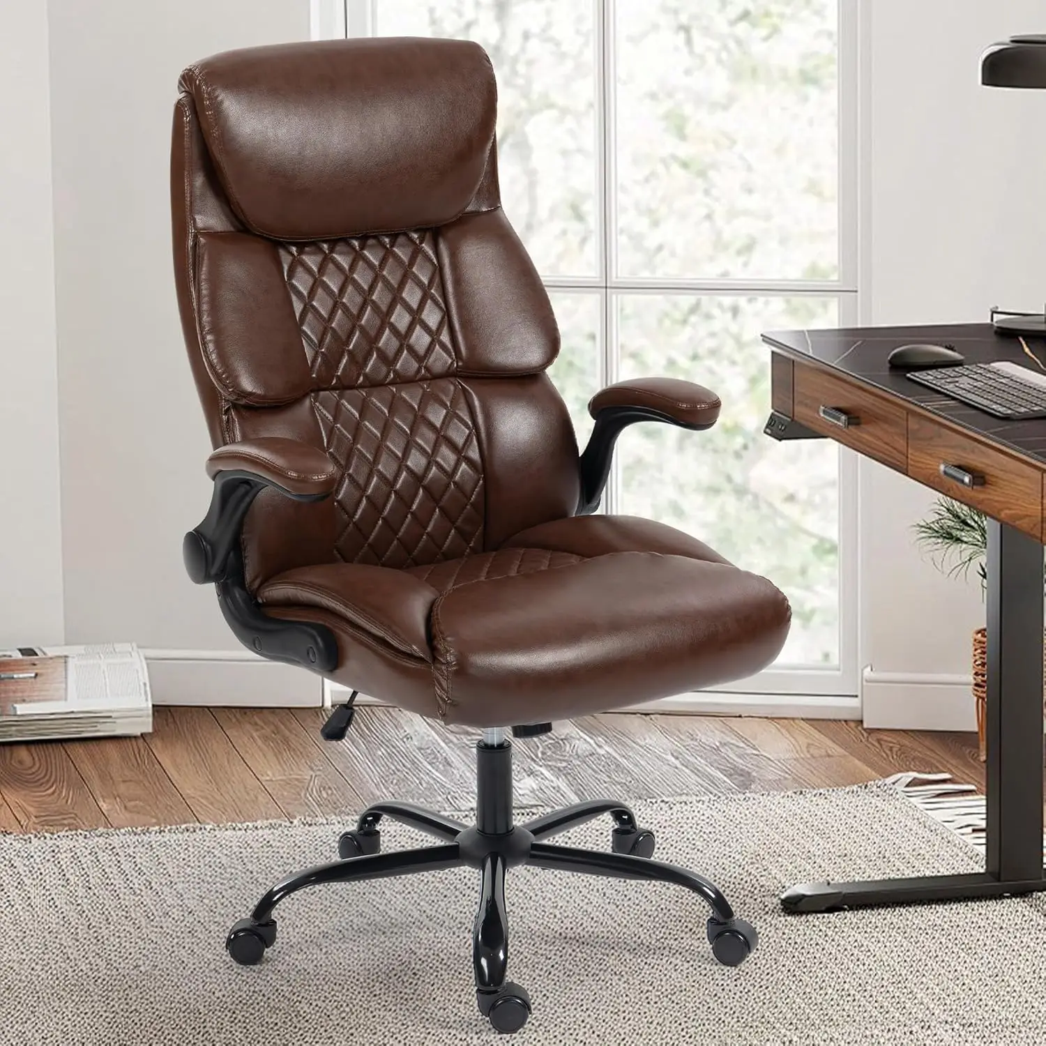

Ergonomic High Back Office Chair with Lumbar Support, Rocking Function & Flip-up Armrests, Leather Gaming Chair