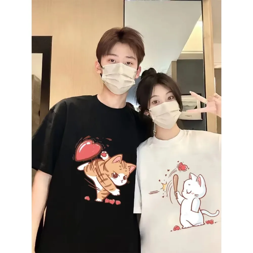 Interesting Cat Love Print T-shirts for Couple Matching Stuff Women Casual Loose Short Sleeve T Shirt Top Men's Clothes Graphic