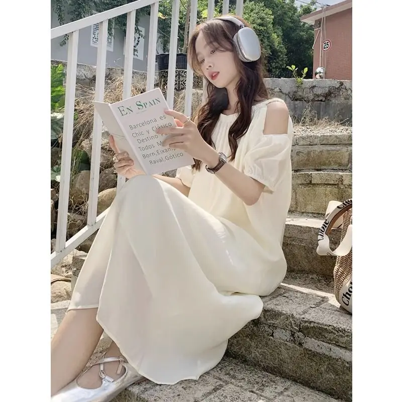 

Hollow Off-shoulder Halter Neck Dress for Women, Summer Loose Lazy Style Puff Sleeve Chiffon Skirt, Temperament Sweet Doll Skirt