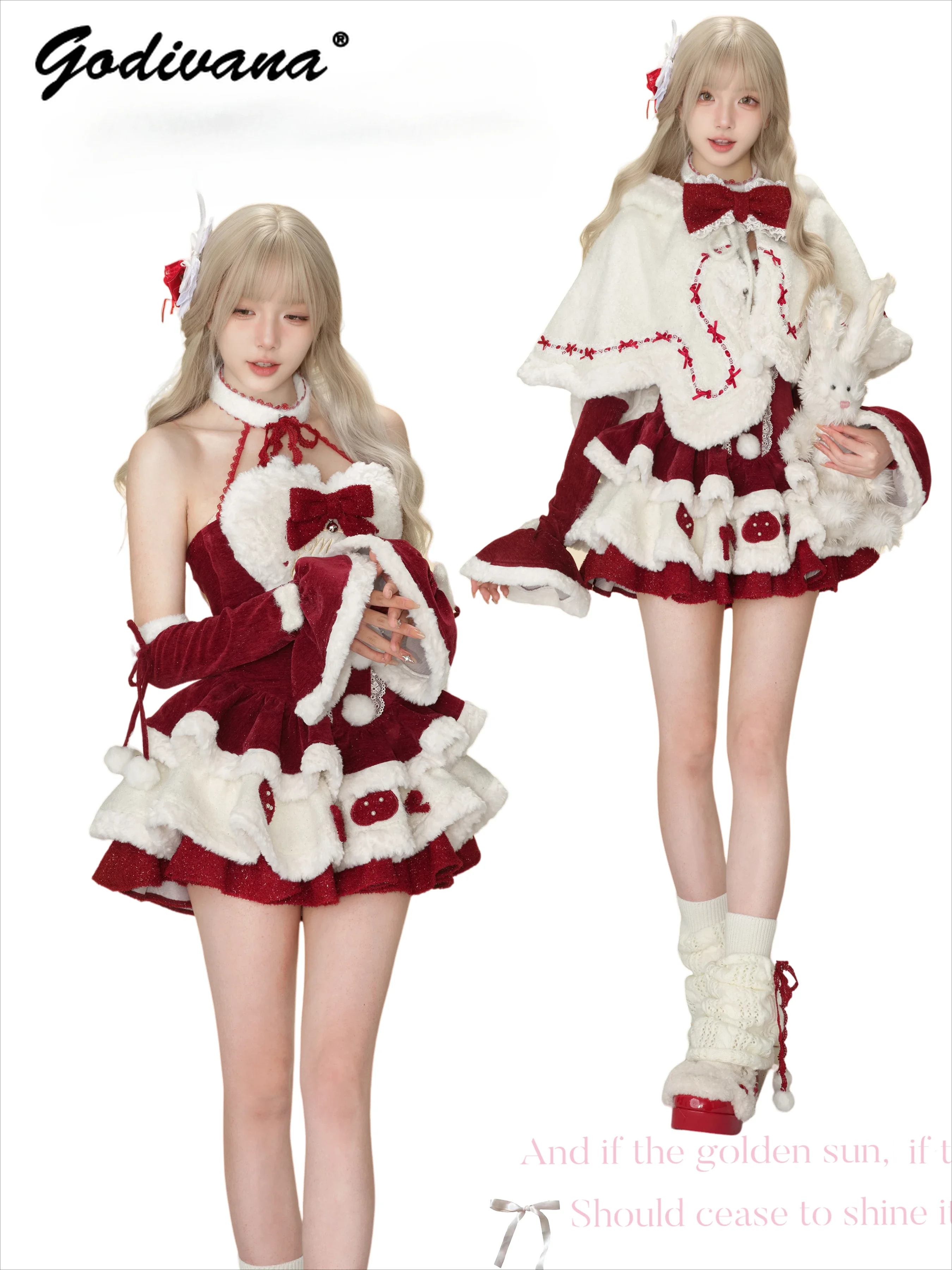 Christmas Dress Set New Winter Girl Women Strawberry Plush Rabbit Ear Cape Cloak Coat + Red Halter Velvet Dress New Year Outfits