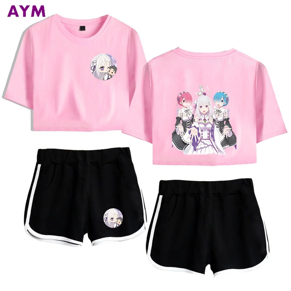 New Girls Short Sleeve Suits Girls Sexy Two Pieces SetsCute  Re Zero Rem And Ram T-shirt Shorts Pants Dew Navel Sport Suit