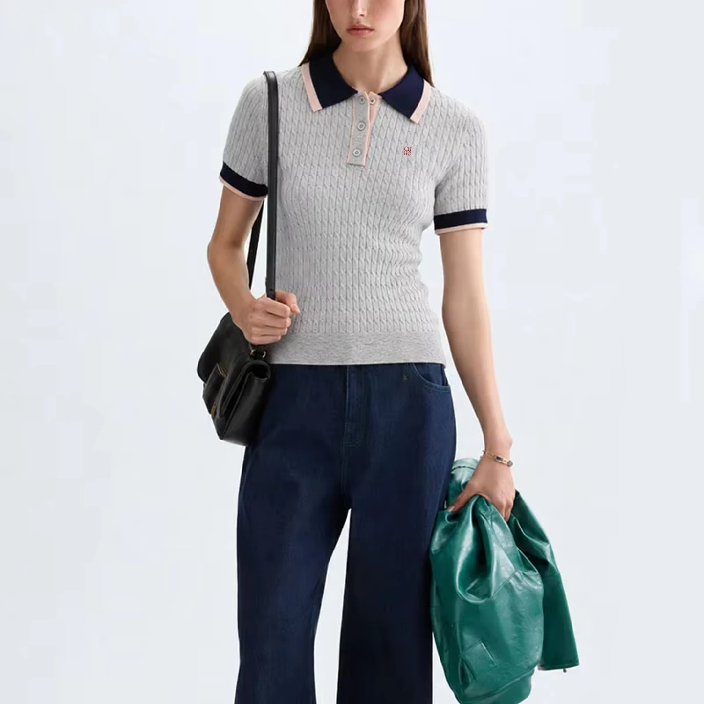CH Damen Strick-Poloshirt Kurzarm Zopfmuster Besticktes Logo Kontrastkragen Lässiges Elegantes Sommer-Oberteil – Detail 2
