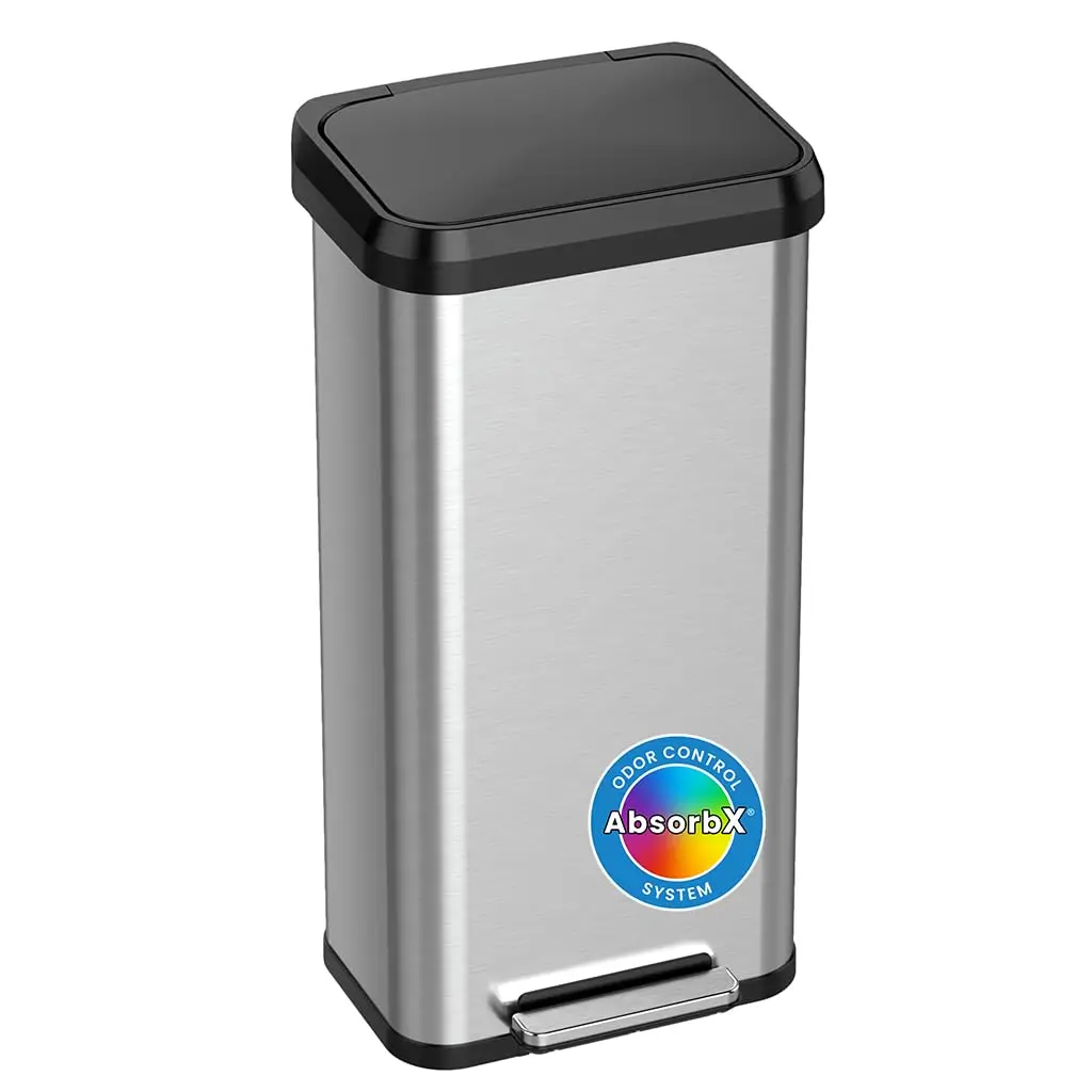 

20 Gallon Step Pedal Trash Can with Odor Filter, Stainless Steel, Large 75 Liter, Black Plastic Lid, Dent-Proof, Recycle