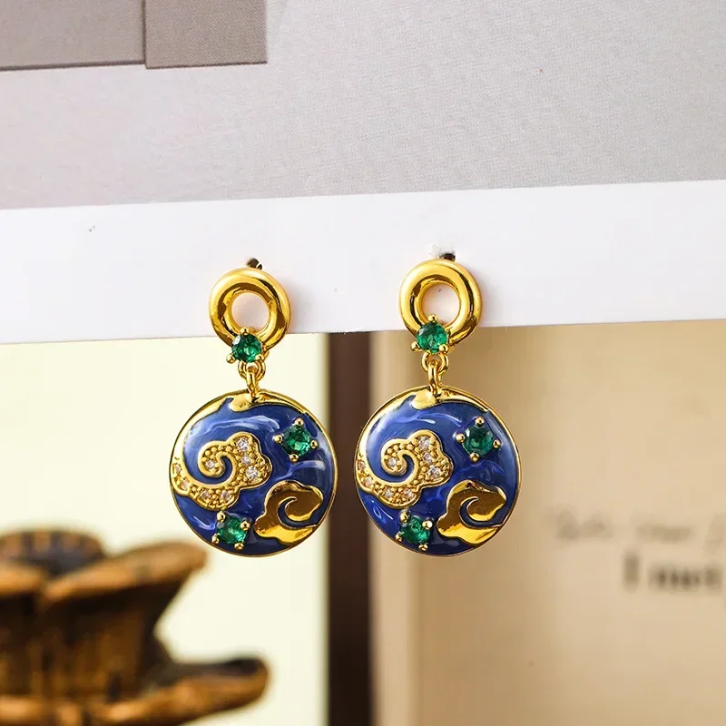 

New Chinese style drip glaze enamel ancient style high-end light luxury stud earrings