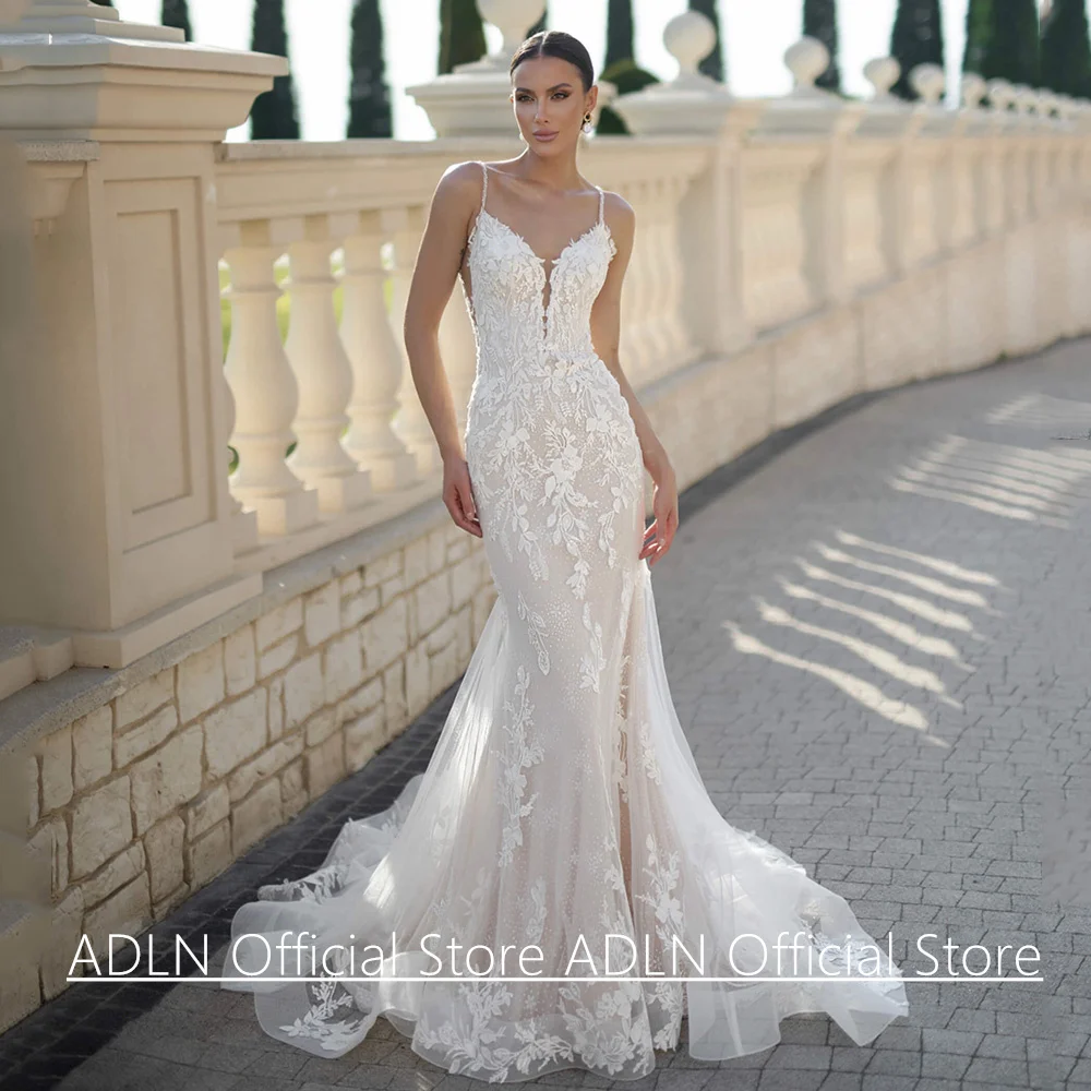 Spitze Meerjungfrau Brautkleider Open Back Maßgeschneiderte Sexy V-ausschnitt Ärmellose Applique Glitter Tüll Brautkleid Vestido Noiva