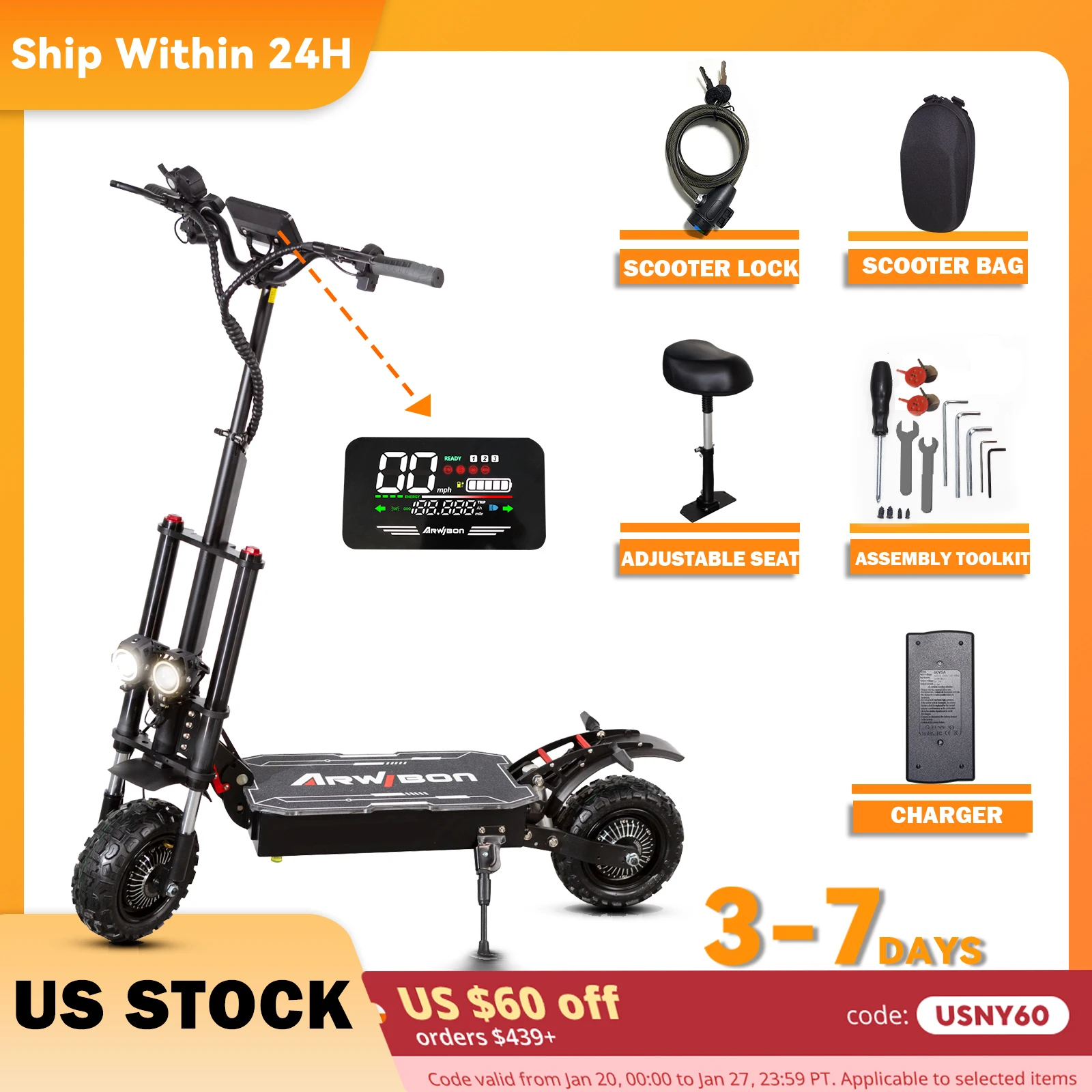 Arwibon 5600W Adult Electric Scooter Dual Motor Top Speed 50MPH,60V38AH, 11-inch Off-Road Tires Sport Folding eScooter with Seat