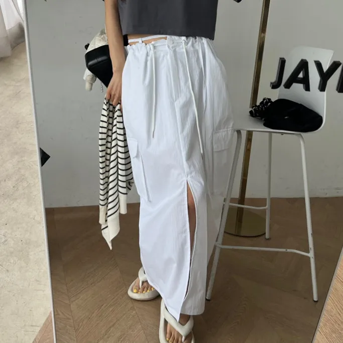 Women's A-Line Long Skirt Workwear  Skirt Slimming Dstring Waist Thin Loose ket Front Slit Versatile Commute Sle