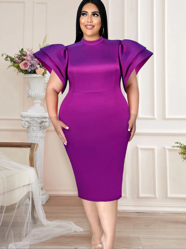 

Purple Bodycon Dress for Women 2023 Ruffle Short Sleeve Elegant O Neck Robes Femmes Solid Knee Length Office Lady Casual Summer