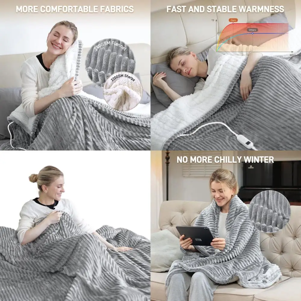 

Queen Size 84 x 90 Electric Blanket with 10 Timers, 6 Heat Levels, Soft Flannel, Washable, Overheat Protection - Gray