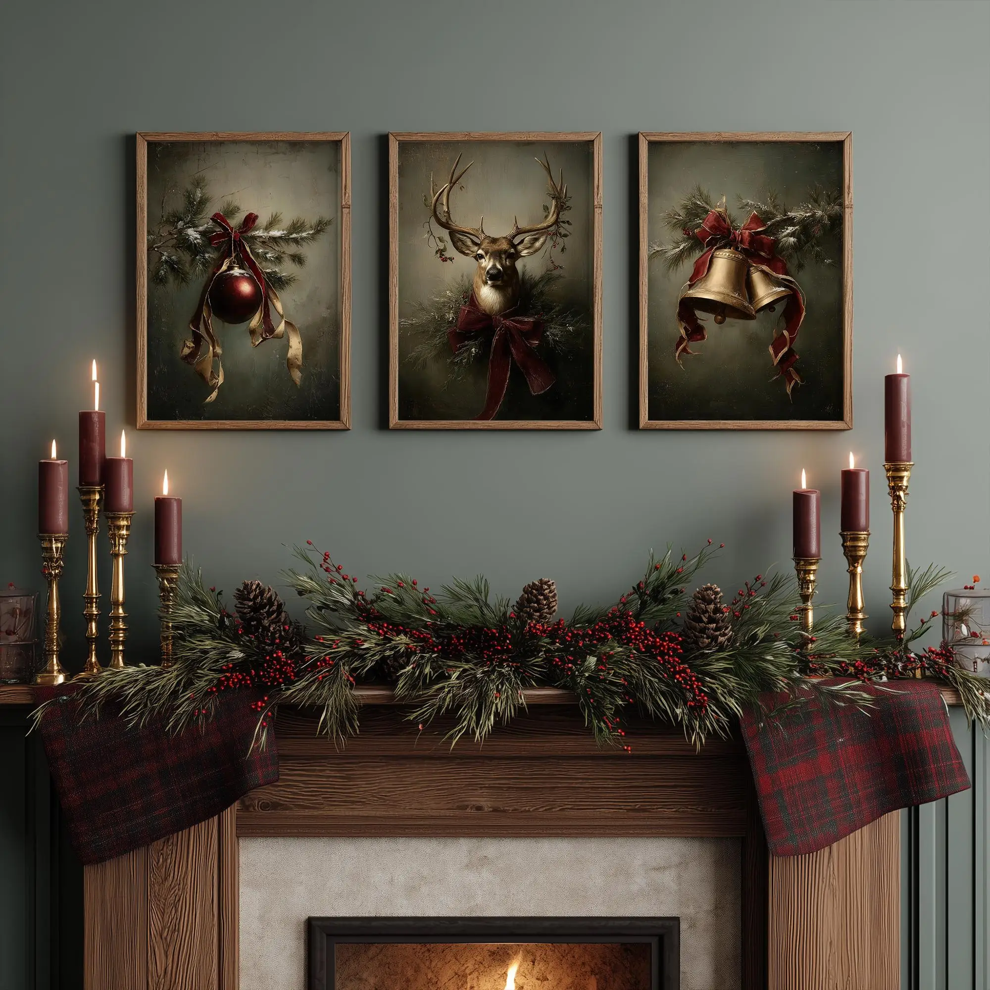 3pcs/Set Classic Christmas Posters Traditional Holiday Decor Posters Unframed Abstract Animal Canvas Print for Living Room Decor