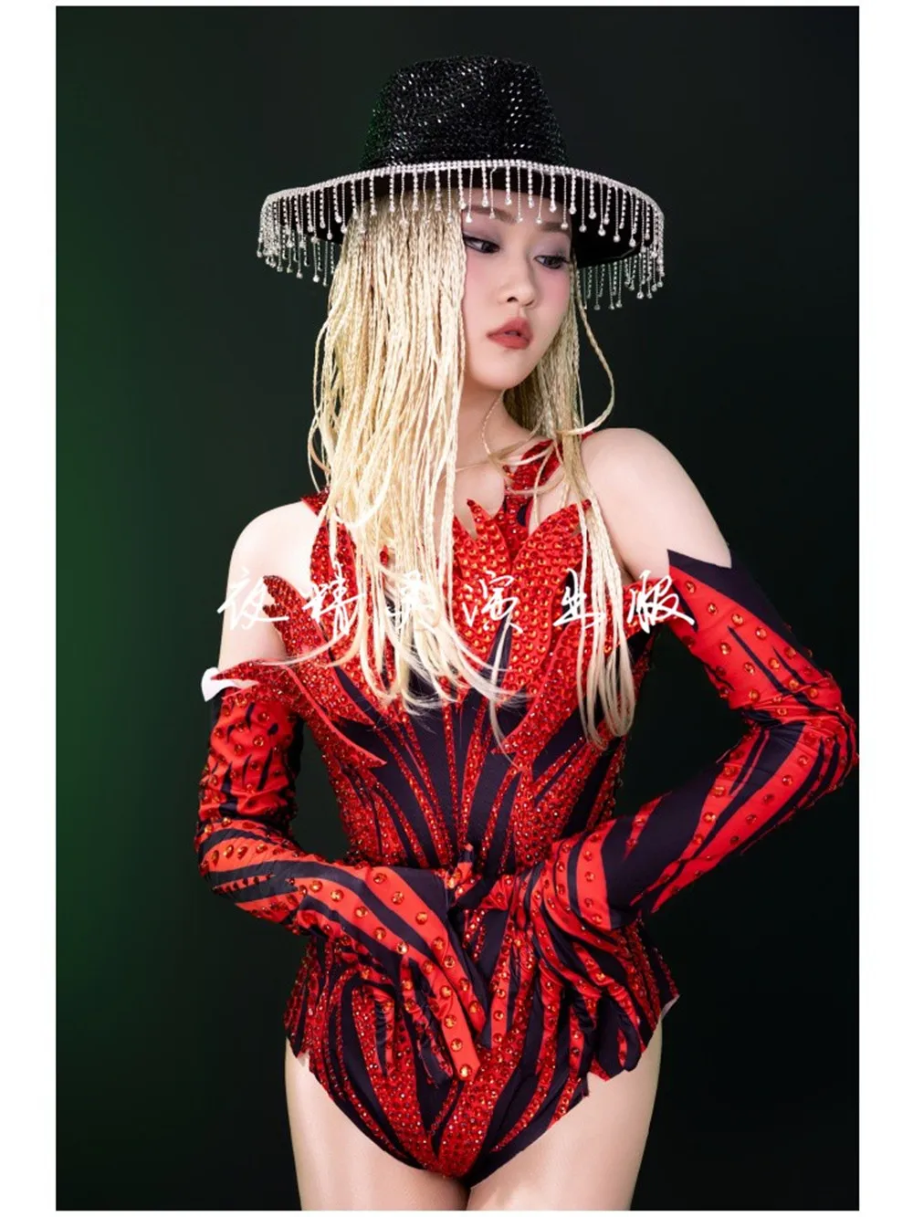 Body con purpurina rosa y rojo con diamantes de imitación, guantes, cubierta para piernas, traje de baile, Festival de Música, espectáculo de cantante, ropa de escenario, disfraz de Drag Queen