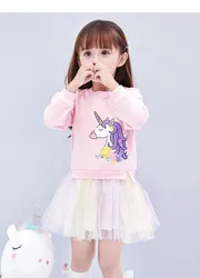 Spring  Autumn Girls Long-sleeved Dress Cartoon Unicore Rainbow Mesh Stitching Sweater Dresses