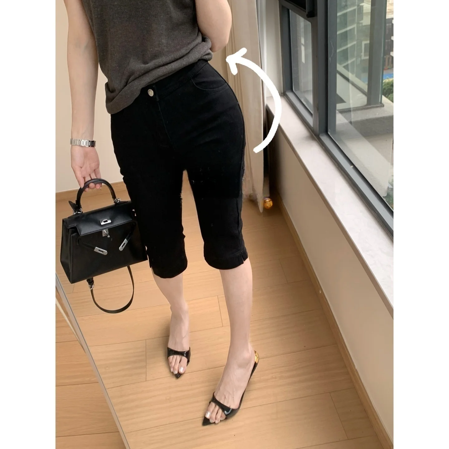 Black Skinny Jeans Women's Summer Thin Five-Point Elastic Slimming Pants High Waist Cotton Stretch Denim Soft Fabric Zipper C...