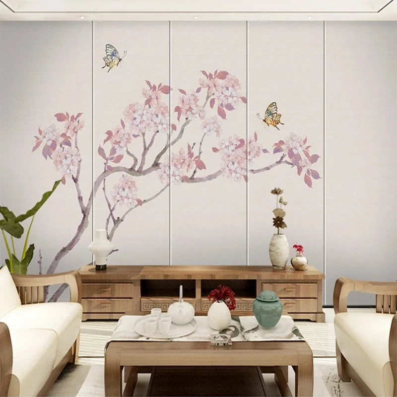 Custom Size Non-woven Wallpaper 3D Hand Painted Pink Flowers Tree Mural Bedroom Living Room Chinese Style Simple Wall Decor