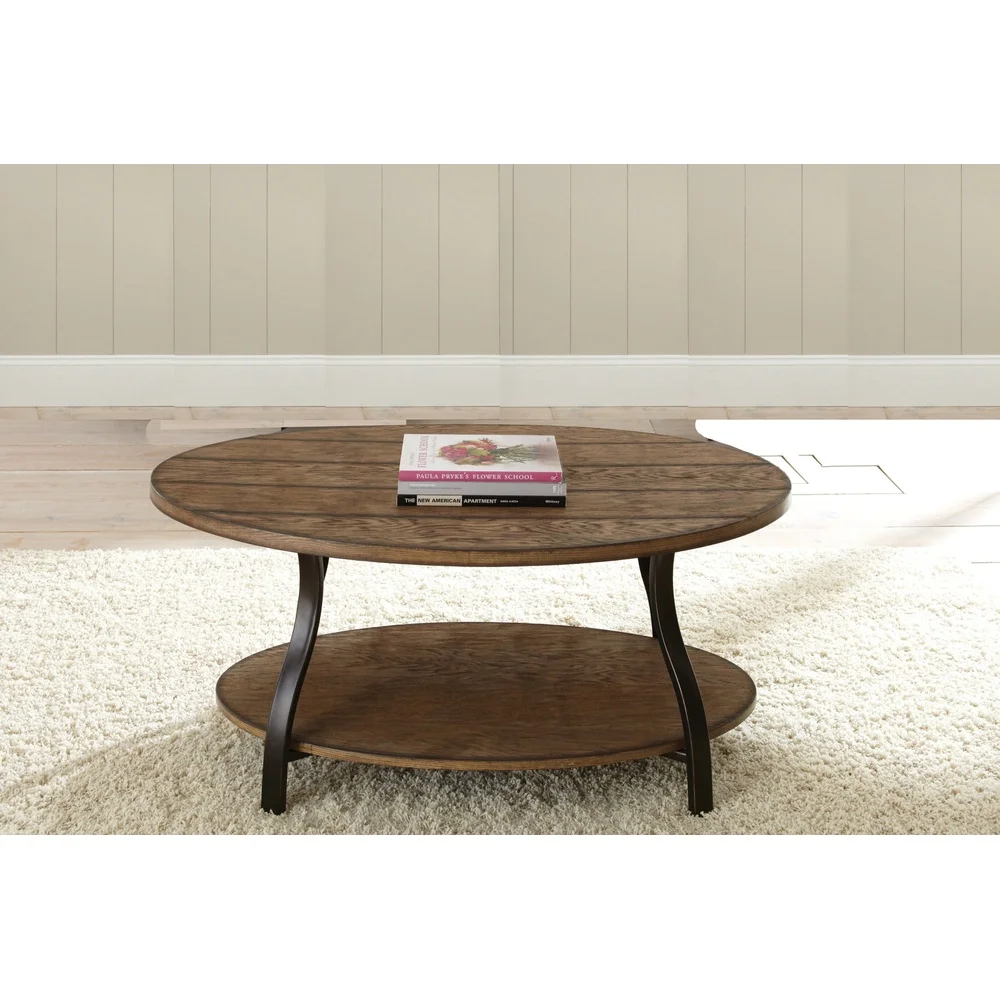 Oval Coffee Table Light Oak Finish Modern Style Metal Frame Wood Shelf Indoor Living Area Storage Furniture