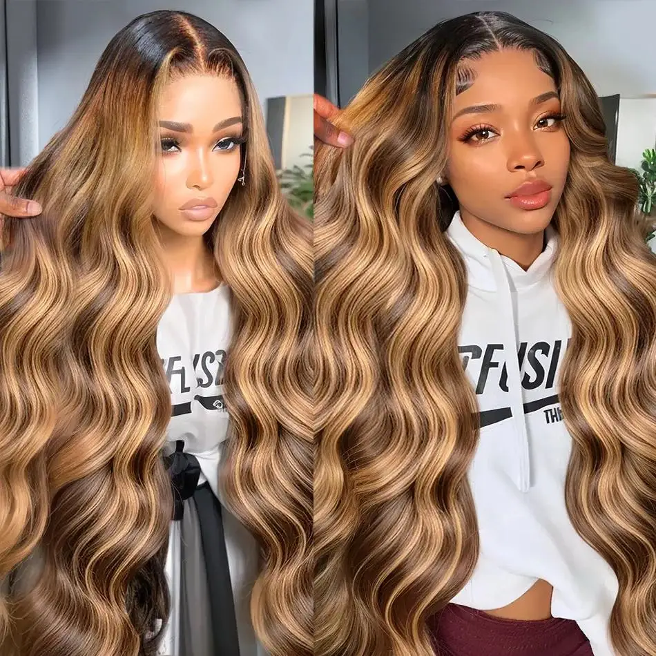 180Density 34 Inches Body Wave Highlight Honey Blonde Color Lace Front Human Hair Wig 4x4 Transparent Closure For Black Woman