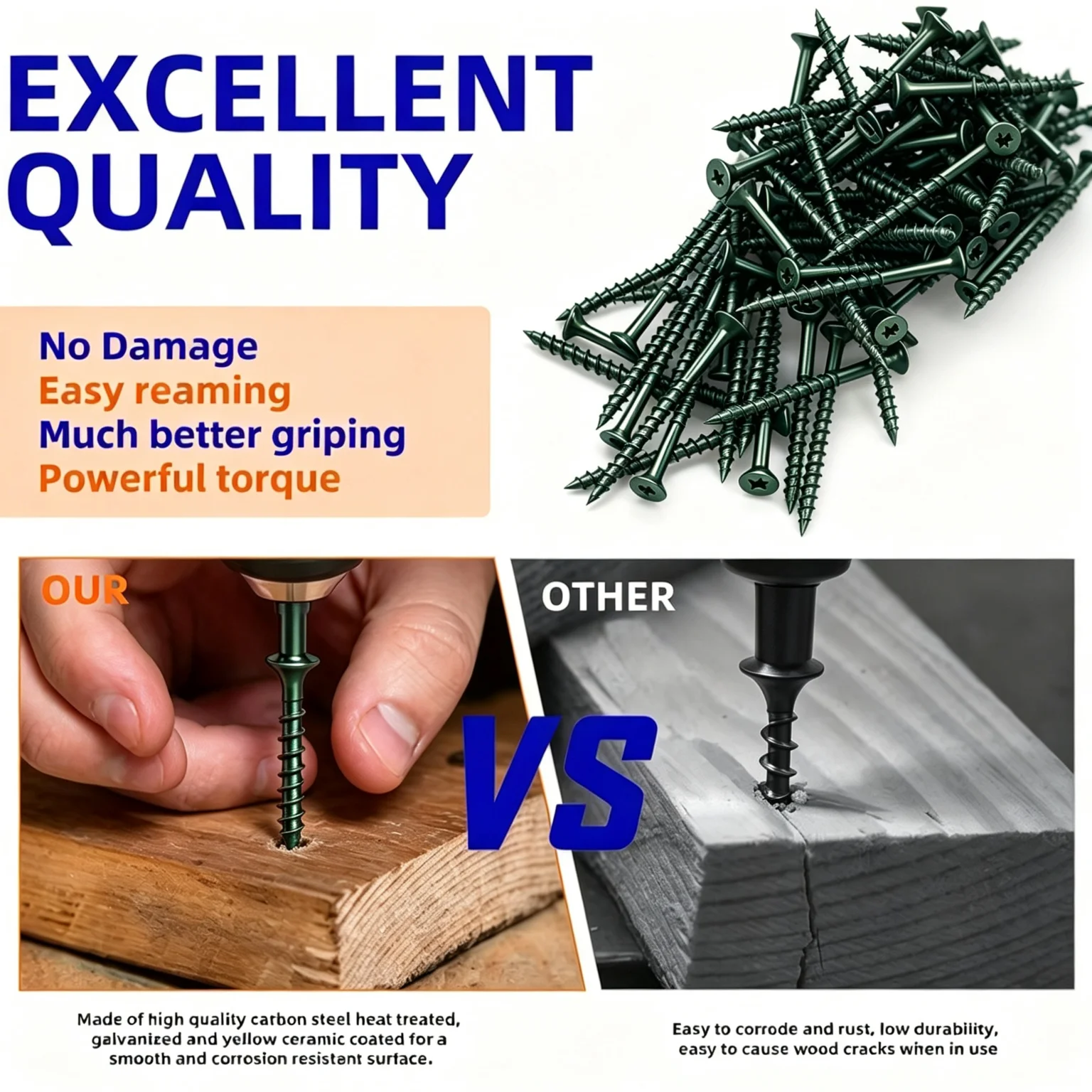 #8*1-5/8 T25 Star Drive Black Wood Screws, Self-Tapping with T25 Bit, Multi Sizes for Furniture & Wood Board Assembly
