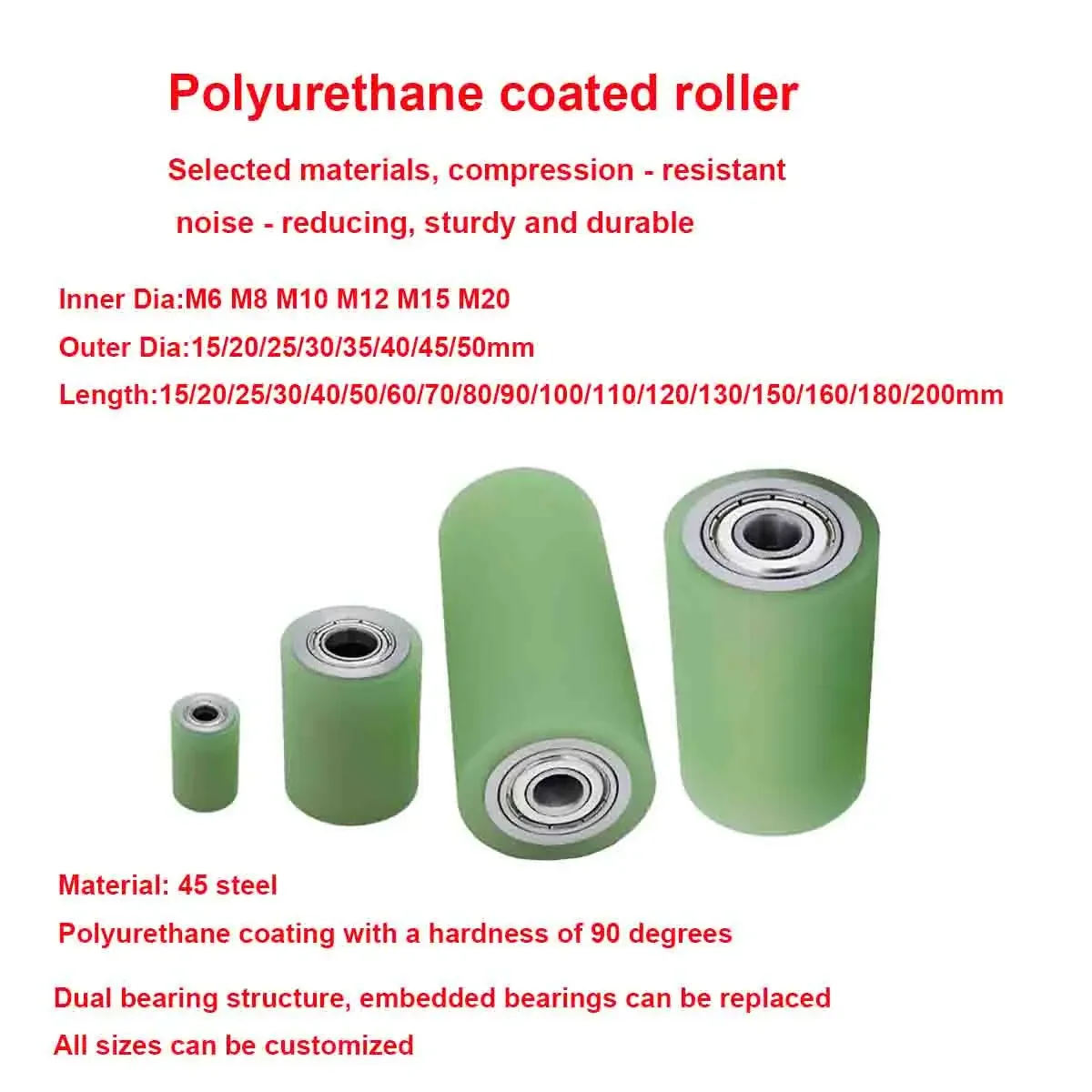 Polyurethane - Coated Wheels with PU Double - Bearing, Unpowered Rollers, Wear - Resistant Rubber Rolls Customizable OD 15-50mm