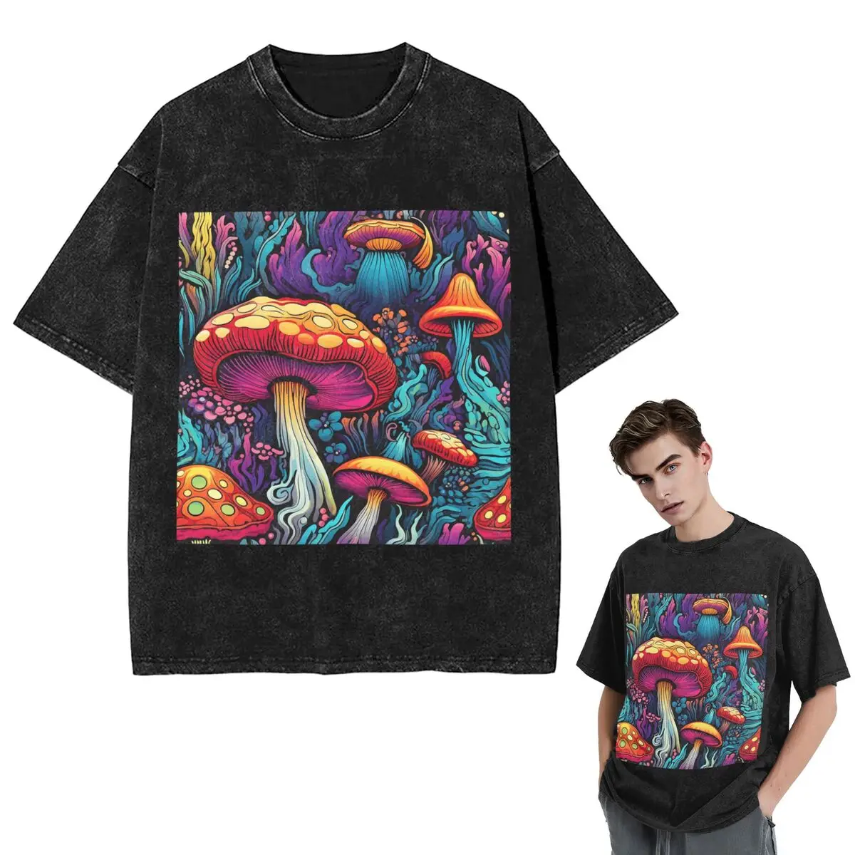 Streetwear T-Shirts Acid Trippy Weird Psychedelic Mushroom Washed T Shirt Short Sleeve Hip Hop T-Shirt Tops Tees for Men Women