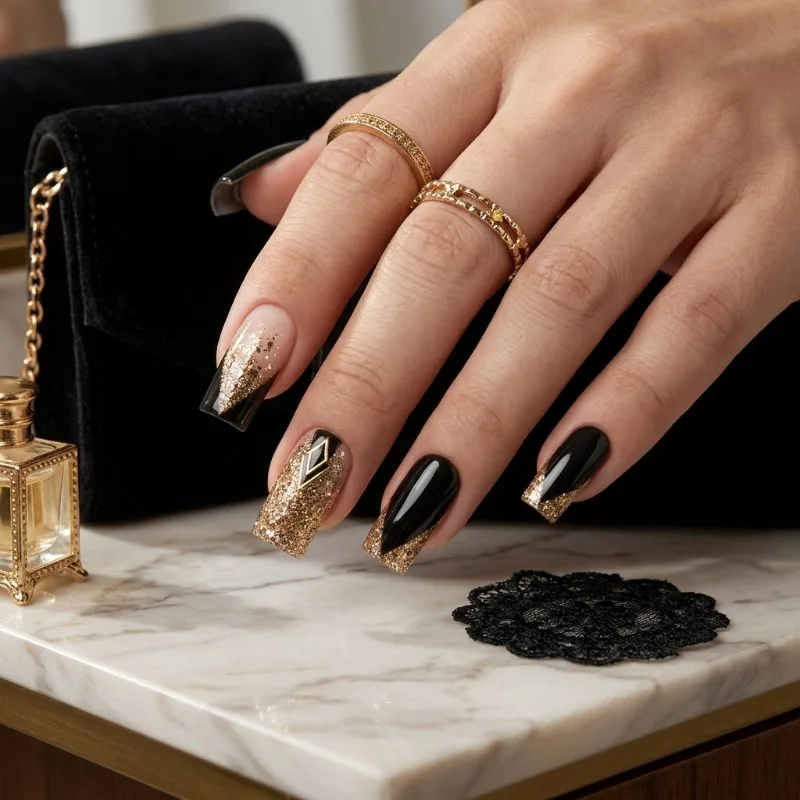 Black Gold Sweet Cool Medium Long Fake Nails, Detachable Press on Nails, Acrylic Full Cover Artificial Nail Tips for Women