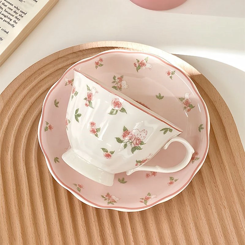 Pretty Pink Rose With Cute Rabbit Ceramics Coffee Cup and Saucer Set English Afternoon Tea Cup Mug 250ml