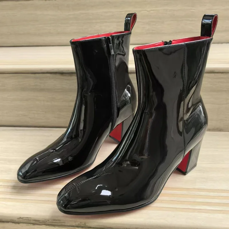 Men's Black Patent Leather Boots Luxury High Heel Boots Men Dress Shoes Breathable Pointed Toe Ankle Boots Autumn Mens Shoes