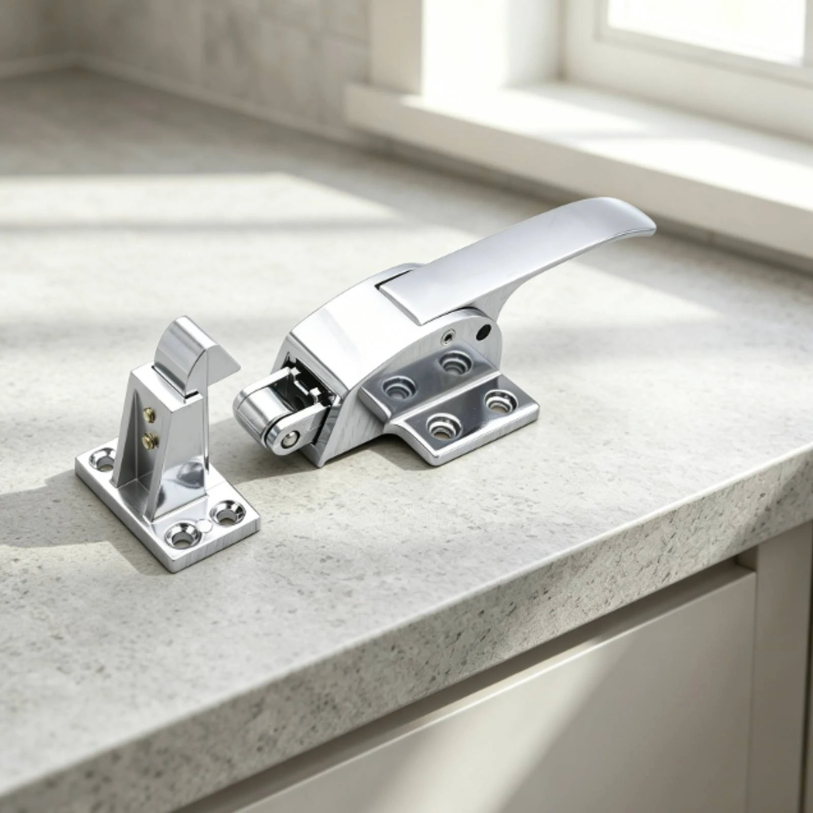 Latch Handle with Strike Block Polished Silver Door Latch with Strike Hardware Lever-Style Compact for Refrigerator, Freezer