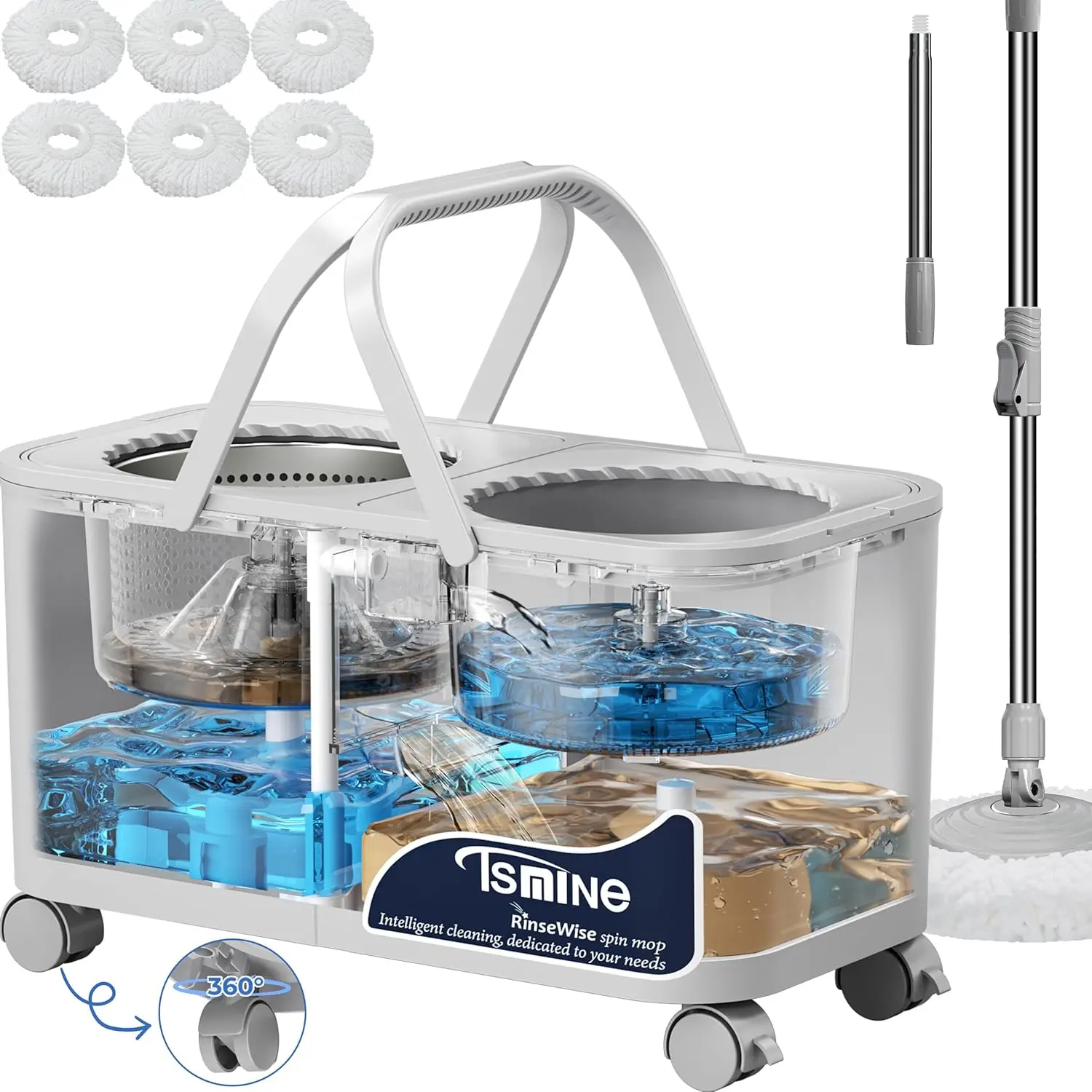 

Compact Spin Mop Set with 360° Wheels, Clean & Dirty Water Chambers, Space-Saving Design, 61" Handle & 6 Microfiber Heads - Grey