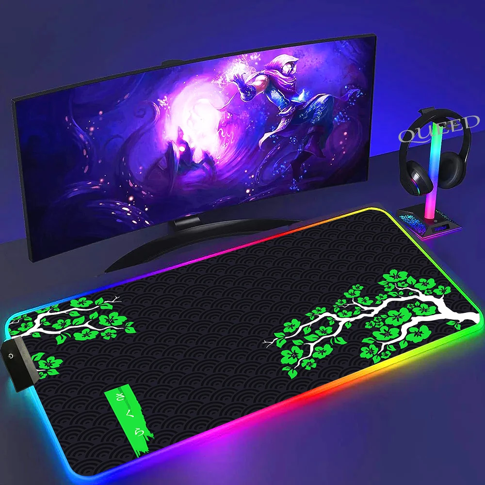 Imagem -04 - Grande Rgb Cherry Mouse Mat Japonês Azul Sakura Gamer Mausepad Led Gaming Mousepad Grande Luminous Desk Mats Xxl Backlit Pads