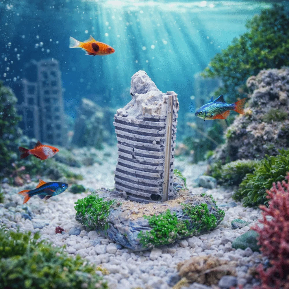 Resin Material Aquarium Landscaping Mini Realistic Details War-Damaged Building Fish Safe Building Complex Model Tank Ornament