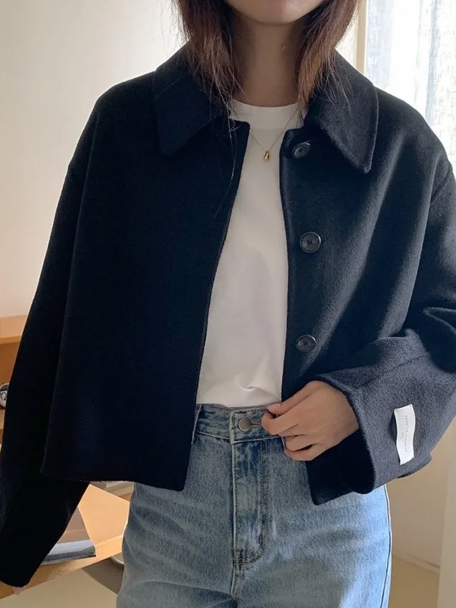 

Faionable ort Woolen Coat Chic2025 Winter New Unique Design Turn-down Collar Single Button Collar Pure Color Straigh...