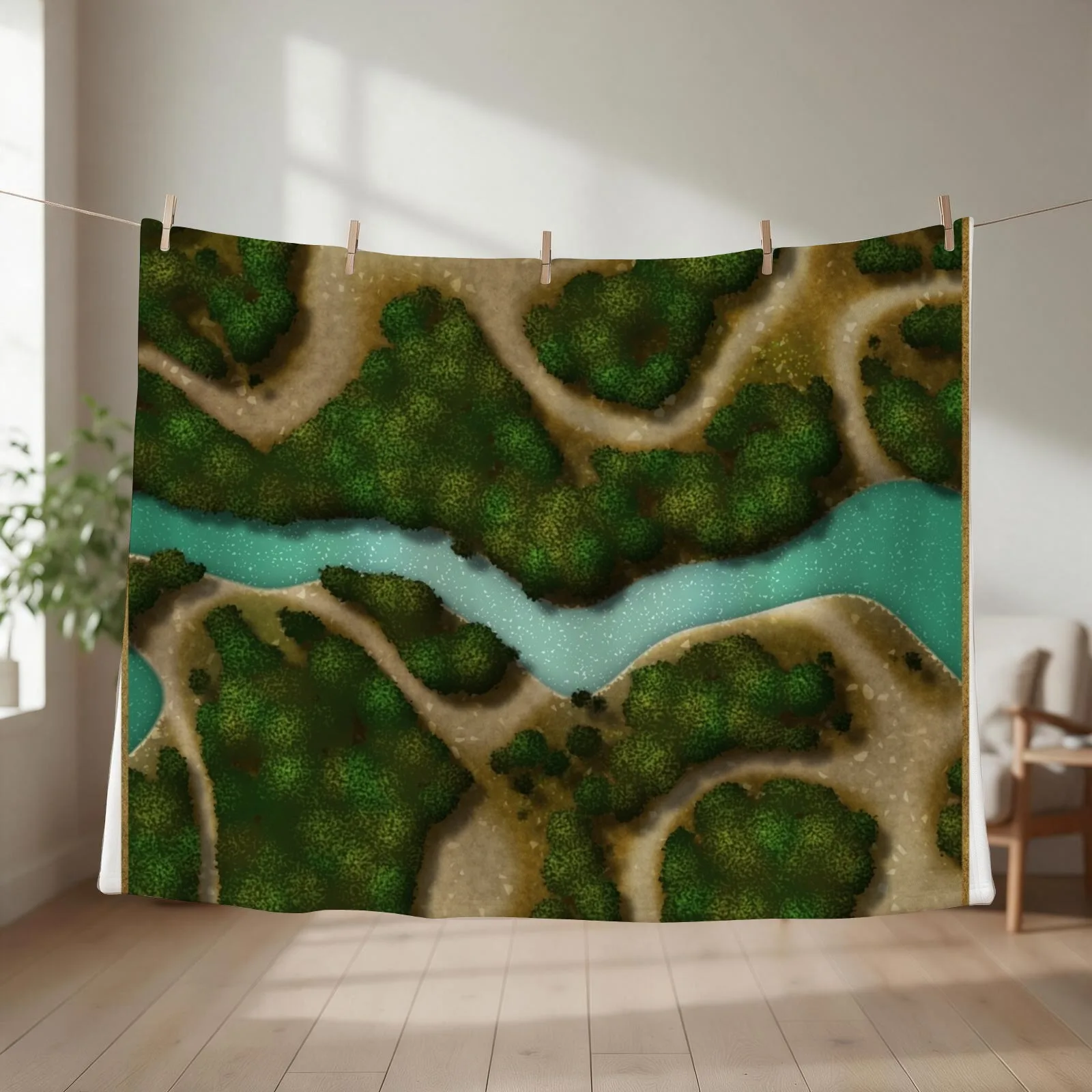 Forest Trails and Stream 002 Battle Map for Table Top RPG Miniatures Throw Blanket