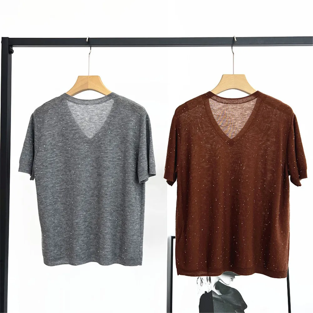 

Women's clothing 25 Summer New Product V-neck Sequin Loose Fitting Pullover Wool Knitted Short Sleeved T-Shirt