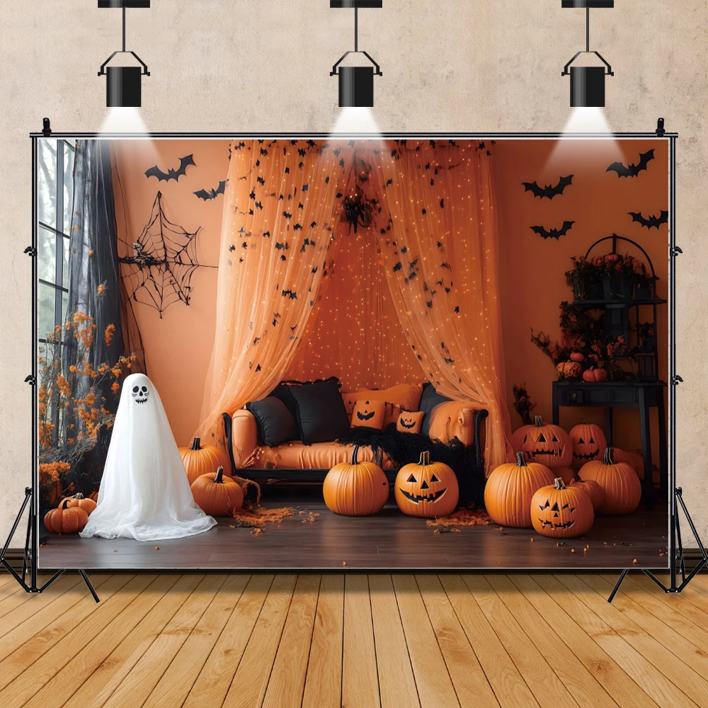 خيمة هالوين البرتقال خلفيات اليقطين للتصوير الفوتوغرافي ، الخفافيش ، مخيف ، شبكة العنكبوت ، غرفة نوم ، خلفية السرير ، مستلزمات كشك الصور