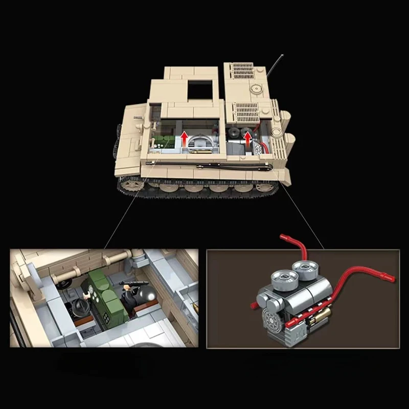 2024 새로운 세계 대전 군사 무기 타이거 I 헤비 탱크 모델 빌딩 블록, WW2 벽돌 장난감, 소년 어린이 선물, 1361 개